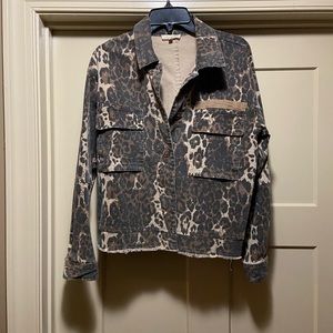 cheetah print button down denim jacket- fraying along the bottom